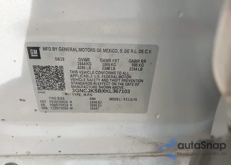 2019 Chevrolet Trax Ls from USA, damaged, VIN 3GNCJKSBXKL367103